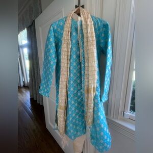 Blue and gold formal kurta set with scarf
